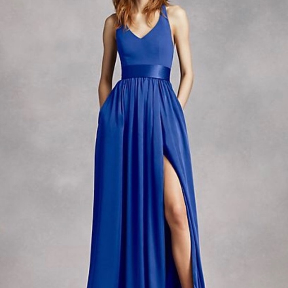 V Neck Halter Gown with Sash WHITE BY VERA WANG